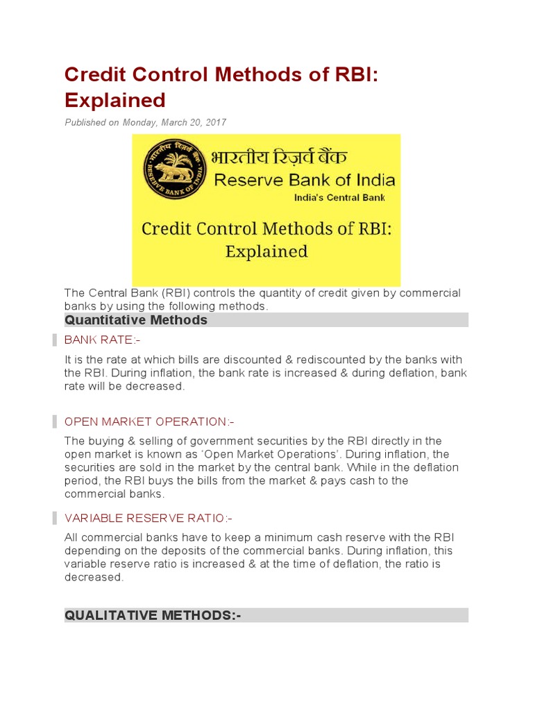 RBI Credit Control Methods Explained | PDF | Reserve Bank Of India | Banks