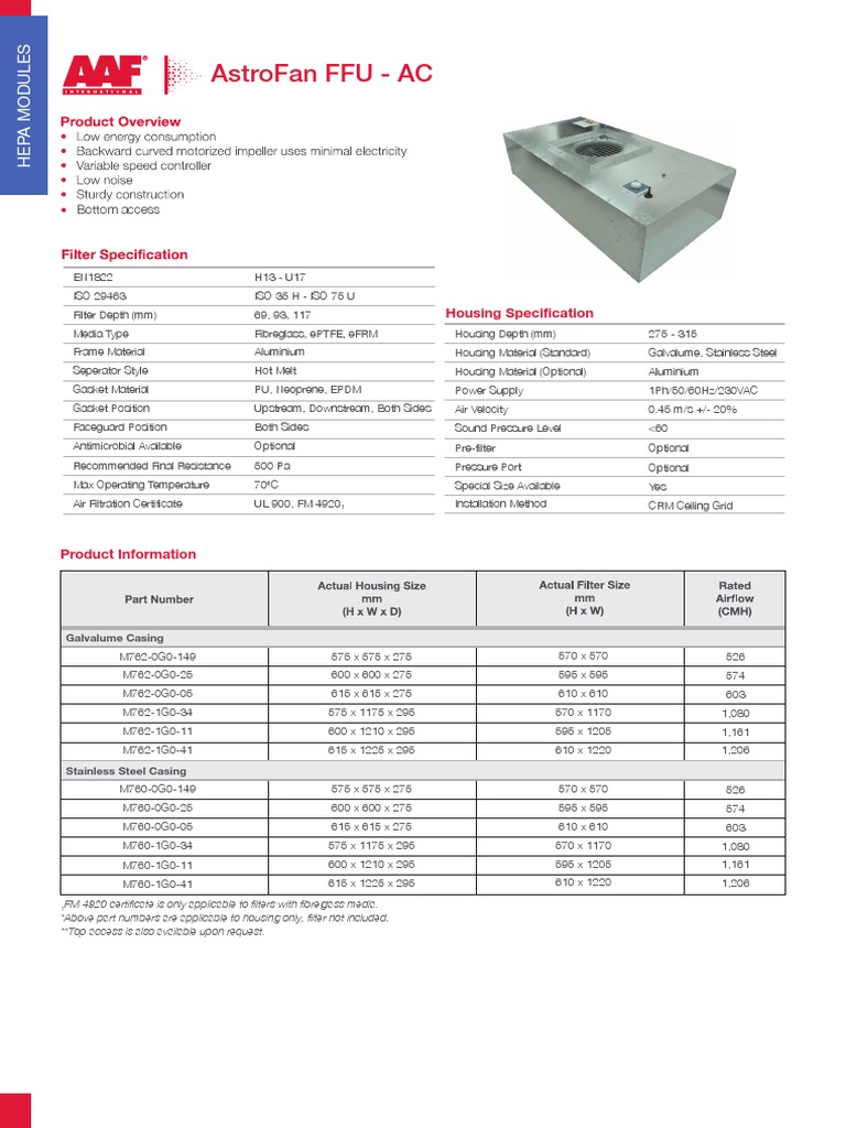 AstroFan FFU HEPA Module Specifications | PDF | Building Engineering ...