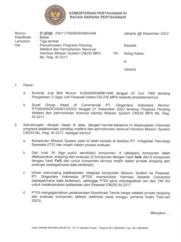 Surat KPD Aslog TTG Penyampaian Progress Pending Matters Dan Permon ...