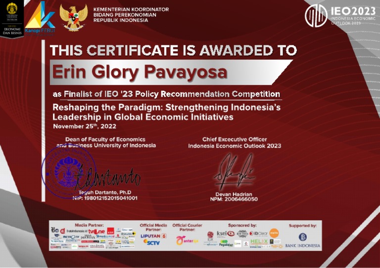 Devan Hadrian: IEO '23 Finalist Certificate | PDF | Career & Growth