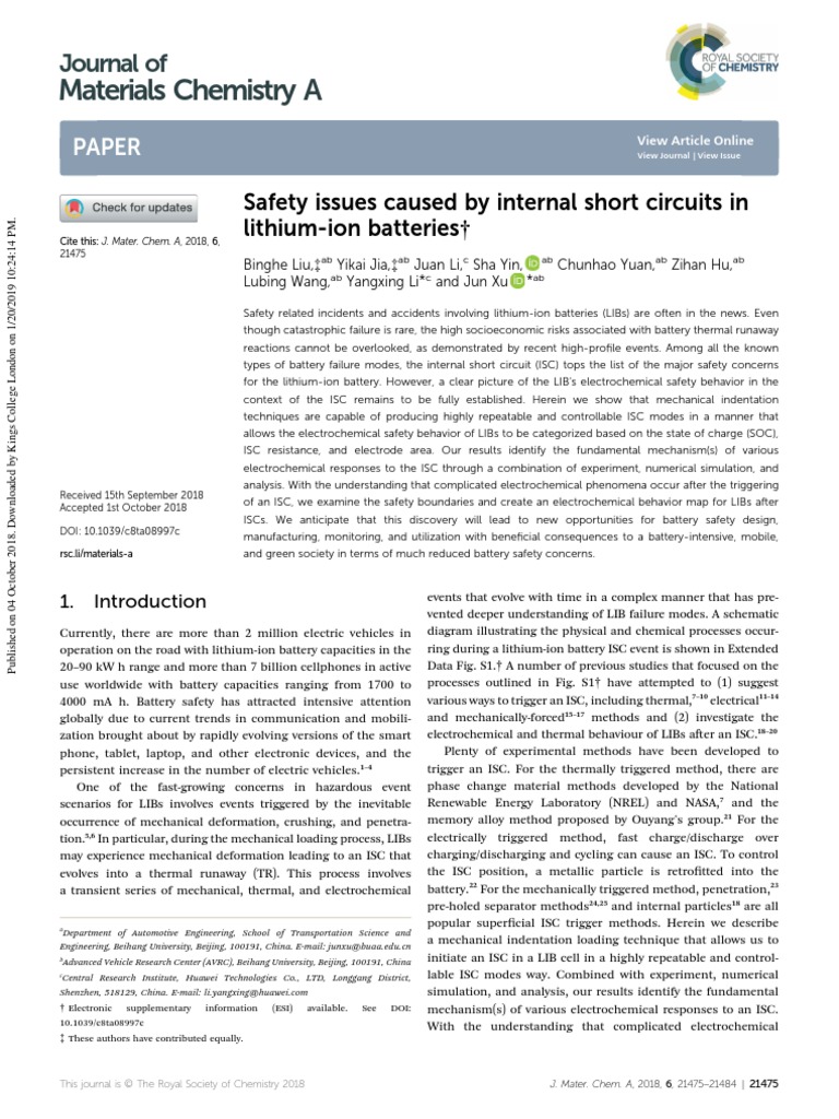 Safety Issues Caused by Internal Short Circuits in Lithium-Ion ...