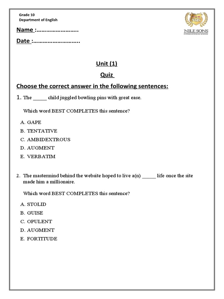 Quiz 1 Vocab E Unit 1 Set A Pdf