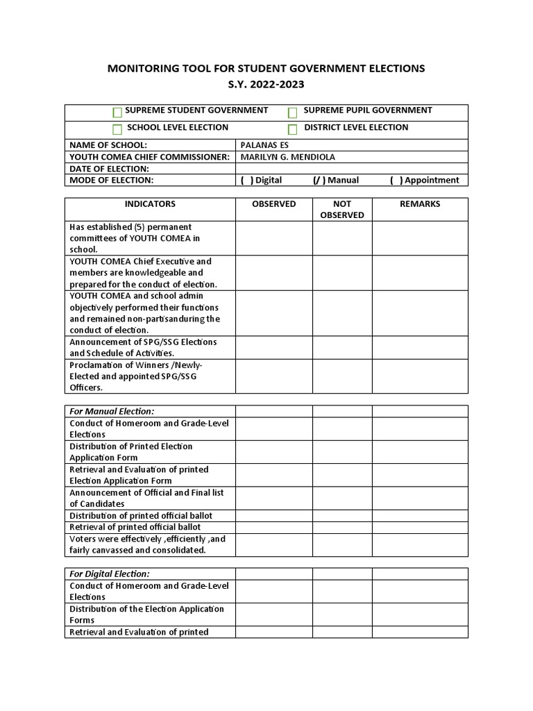 Student Government Election Monitoring Guide | PDF | Elections | Government