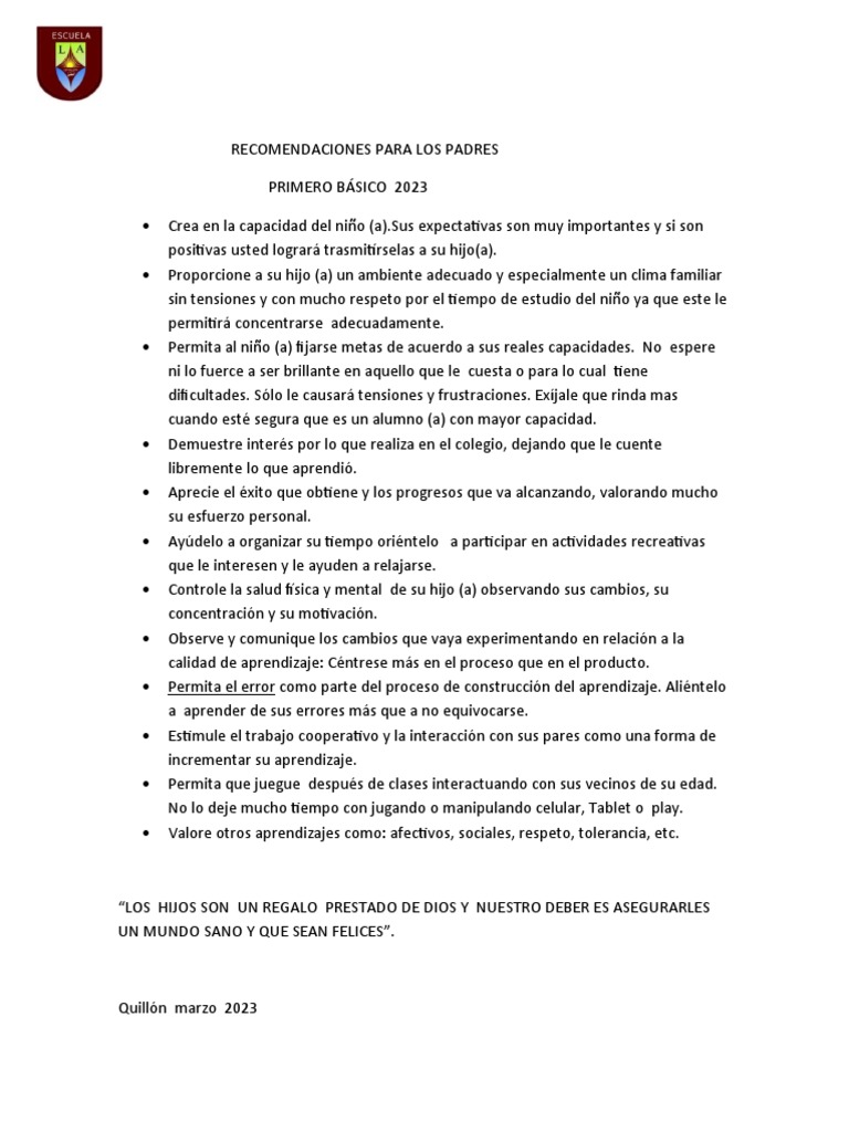 Recomendaciones para Los Padres para Mejorar El Rendimiento Escolar | PDF
