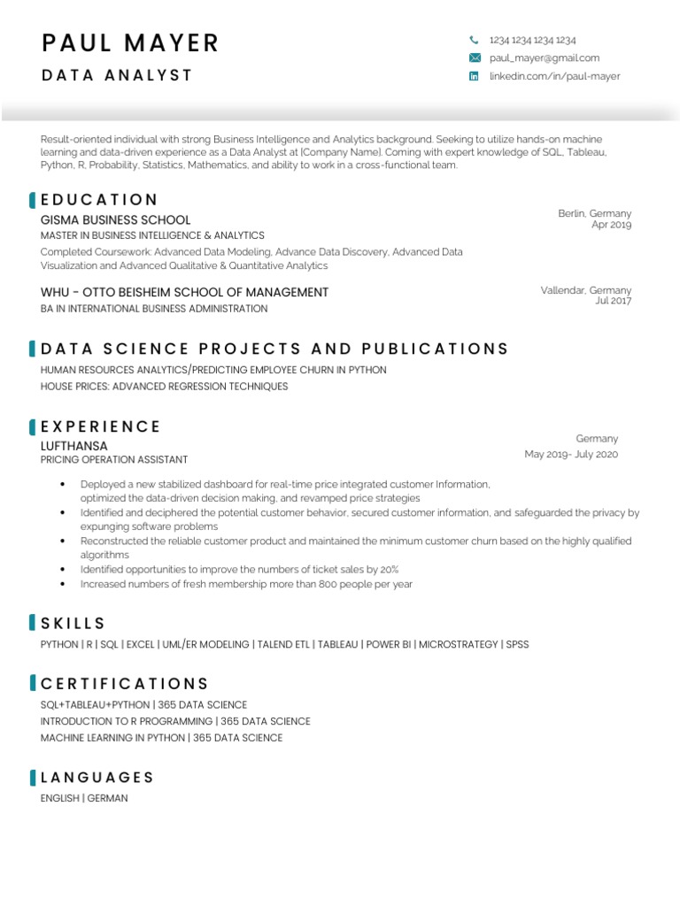 Data Analyst Resume Template PDF Analytics Data Science