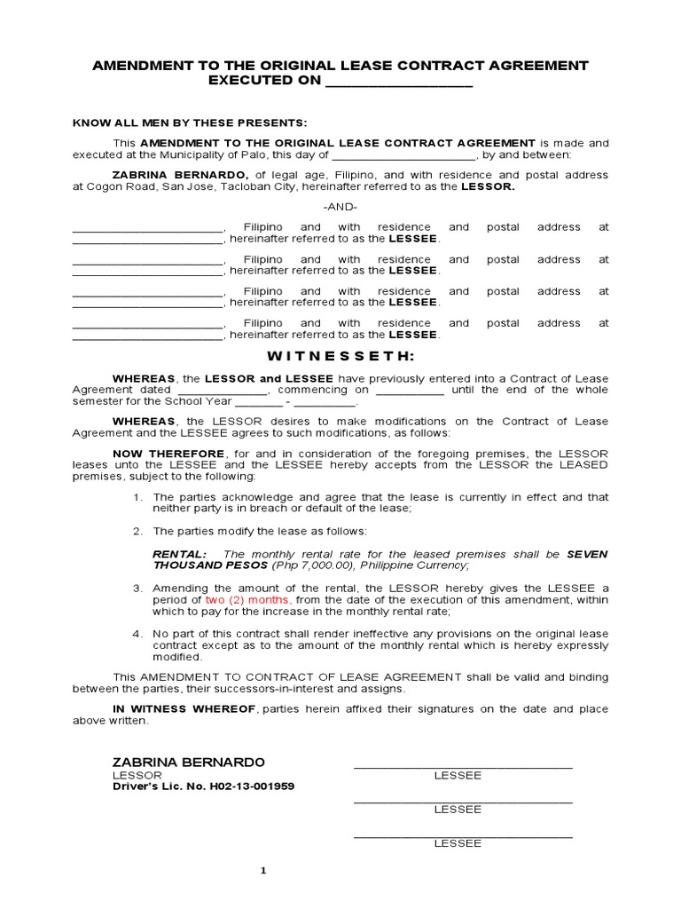 Amendment To The Original Contract of Lease PDF Lease Justice