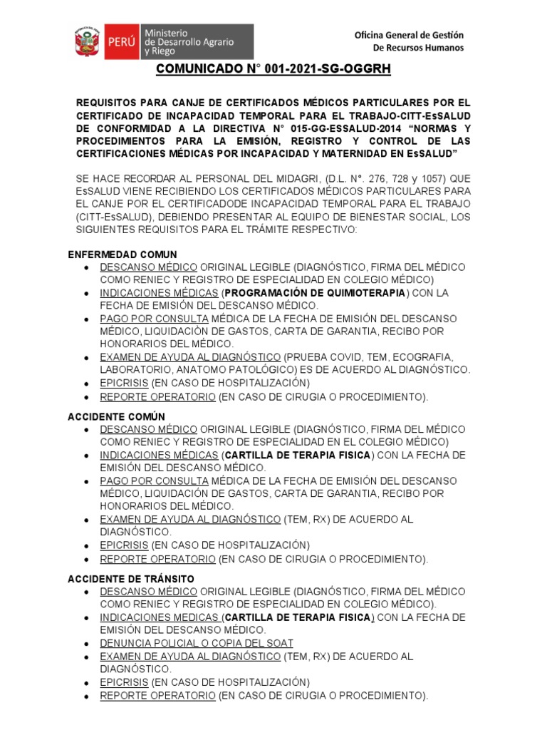 Requisitos Canje Descansos Medicos Pariculares Por CITT EsSalud (1) (1 ...