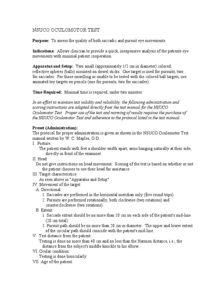 NSUCO Oculomotor Test Overview | PDF | Psychology