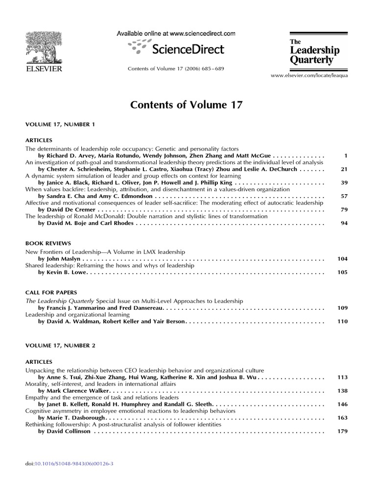 Contents of Volume 17 2006 The Leadership Quarterly PDF Leadership