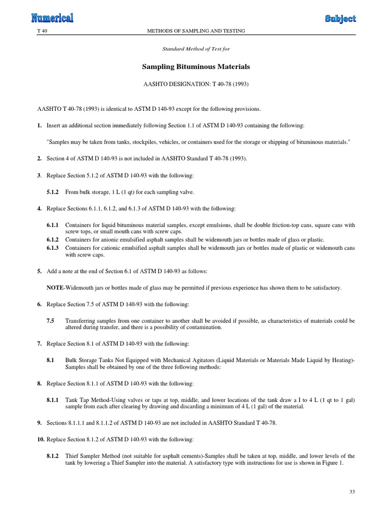 Sampling bituminous materials standard method of test for pdf