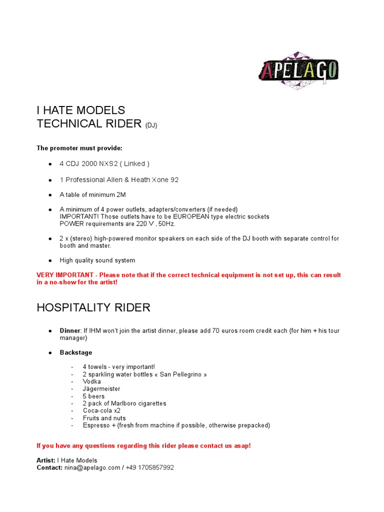 DJ Technical and Hospitality Rider | PDF