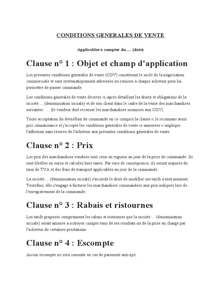 CONDITIONS GENERALES DE VENTE Exemple | PDF | Sodles | Facture