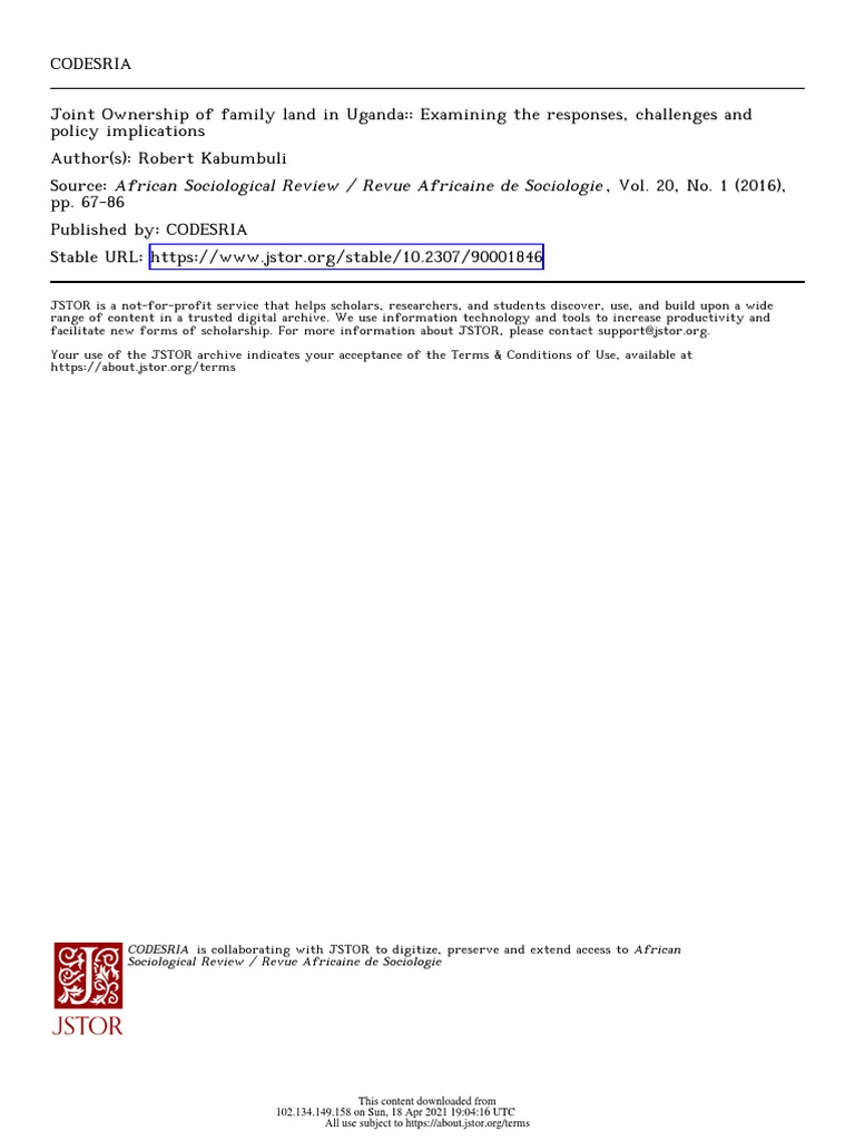 Joint Ownership of Land in Uganda (East Africa) PDF Concurrent
