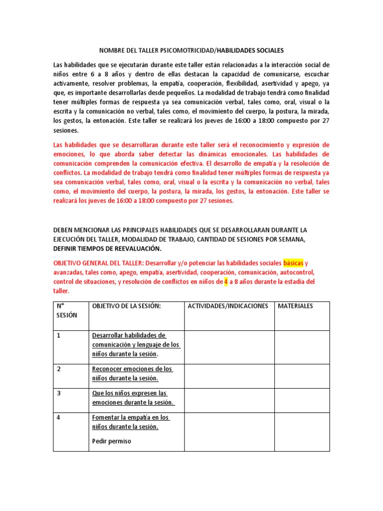 Taller de Habilidades Sociales y Psicomotricidad | PDF | Comunicación ...