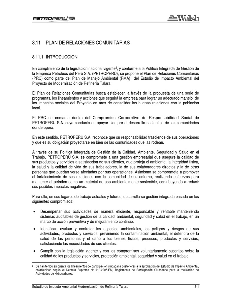 Plan de Relaciones Comunitarias PMRT | PDF | Gestión de la calidad ...