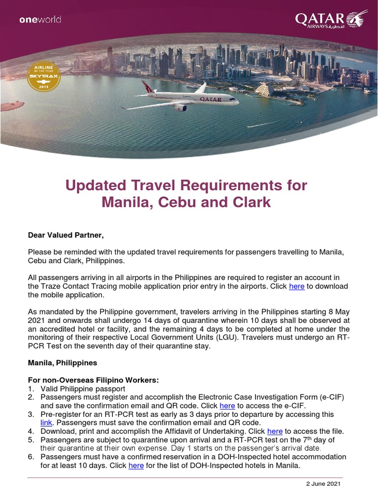 Qatar Airways Travel Requirements For Manila Cebu and Clark (As of 2 June 2021) PDF