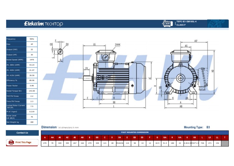 TEFC IE1 EM180L-4 Motor Specifications | PDF