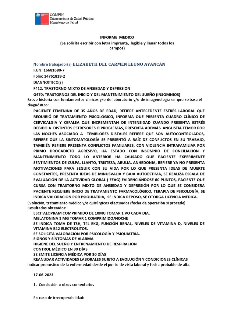 Informe Medico Protocolizado Elizabeth Del Carmen Leuno Ayancán | PDF ...