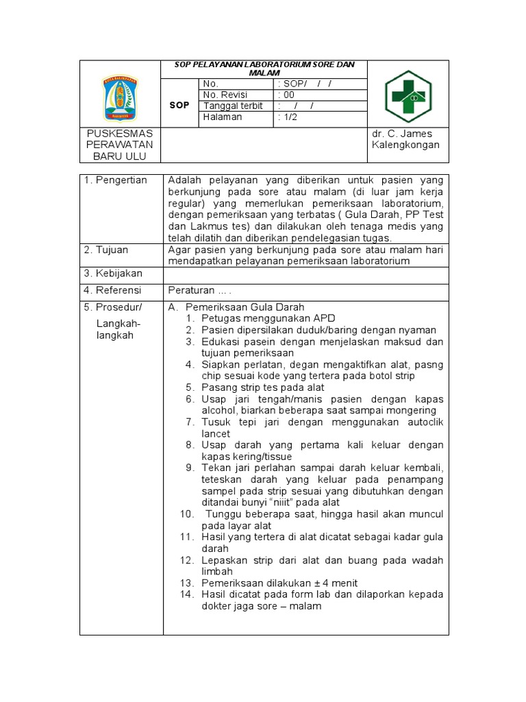 SOP Pelayanan Laboratorium Sore-Malam | PDF