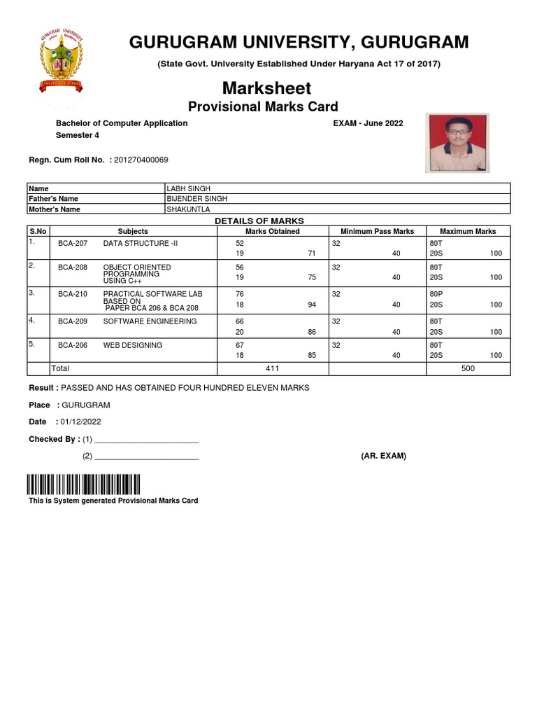 Gurugram University Provisional Marks Card | PDF