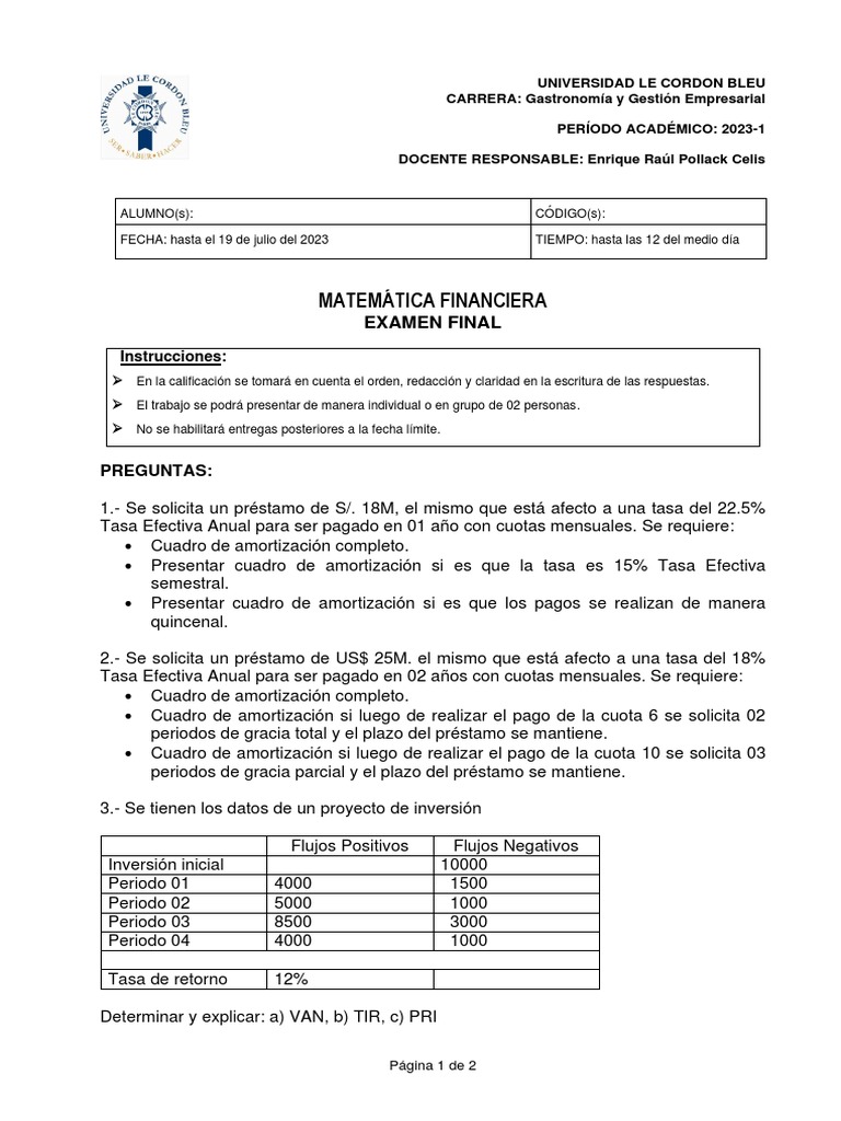 EXAMEN FINAL 2023 I - Matematica Financiera | PDF | Economias