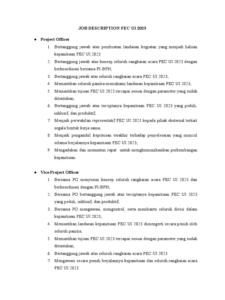 Deskripsi Jabatan FEC UI 2023 | PDF