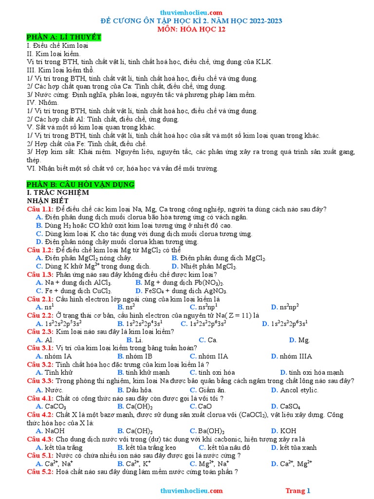 De Cuong On Tap Hoa 12 HK2 Nam 22 23 | PDF