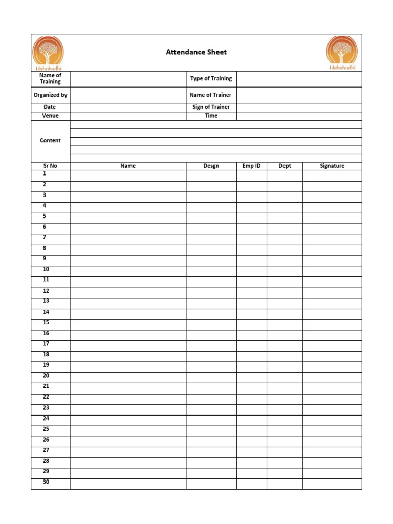 ATTENDANCE SHEET FOR TRAINING intelligence overview