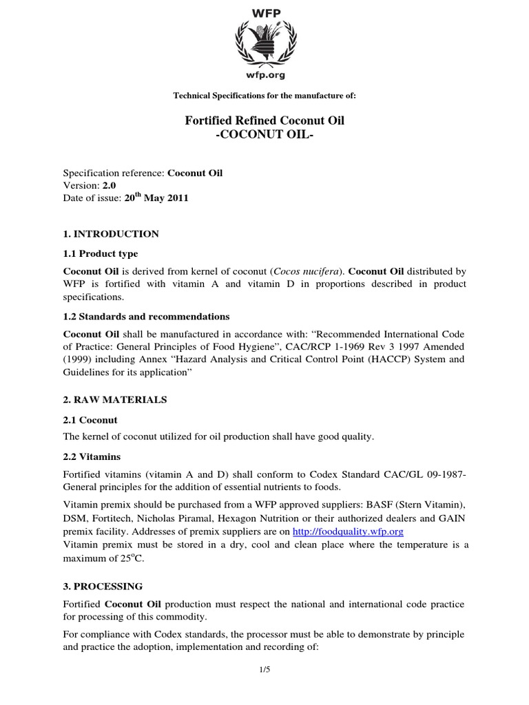 Specifications for Refined Coconut Oil | PDF | Chemistry | Chemical ...