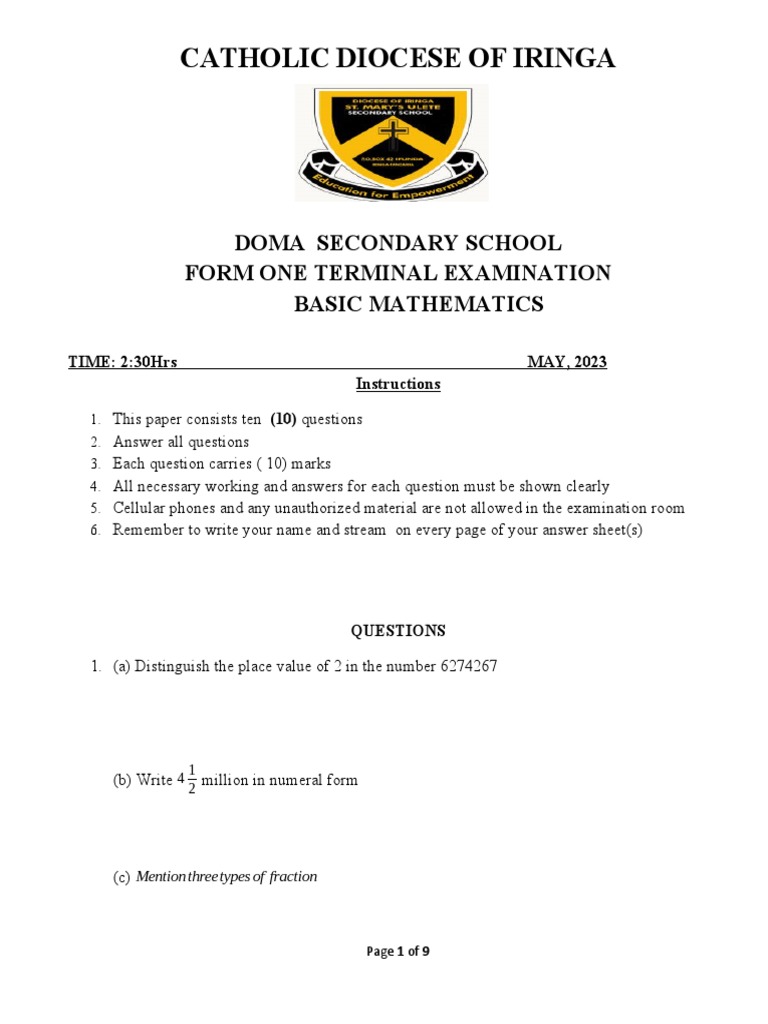 Mathematics Form One - Terminal | PDF | Elementary Mathematics | Arithmetic