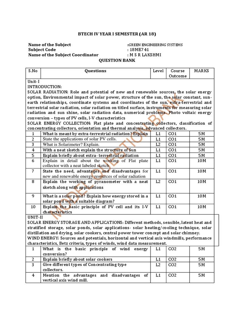 Green Enginering Systems Question Bank PDF Solar Energy Efficient
