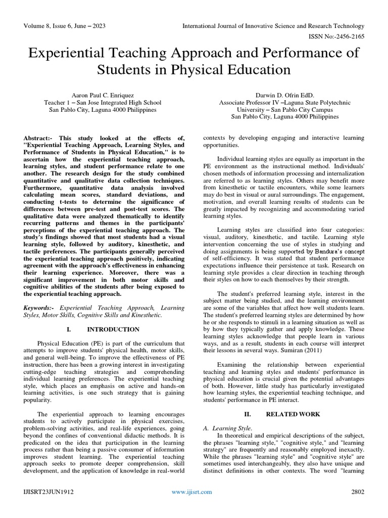 Experiential Teaching Approach and Performance of Students in Physical
