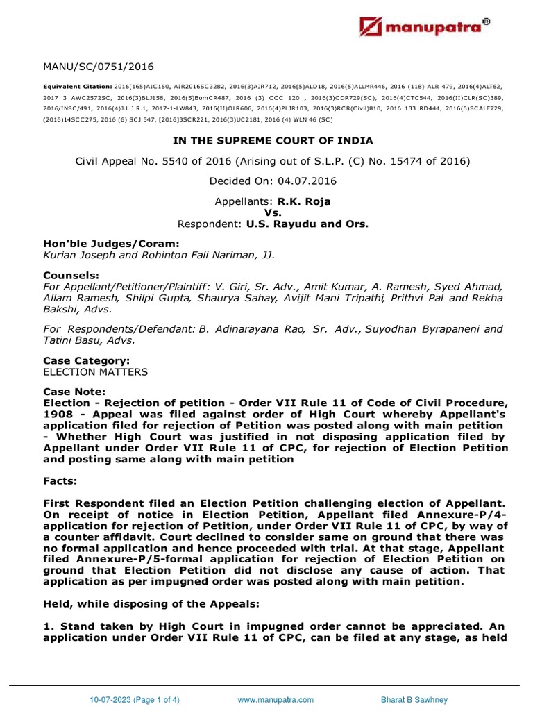 RK Roja Vs US Rayudu and Ors 04072016