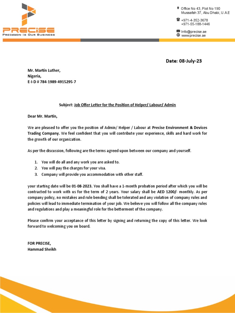 Job Offer Letter for Admin Position | PDF