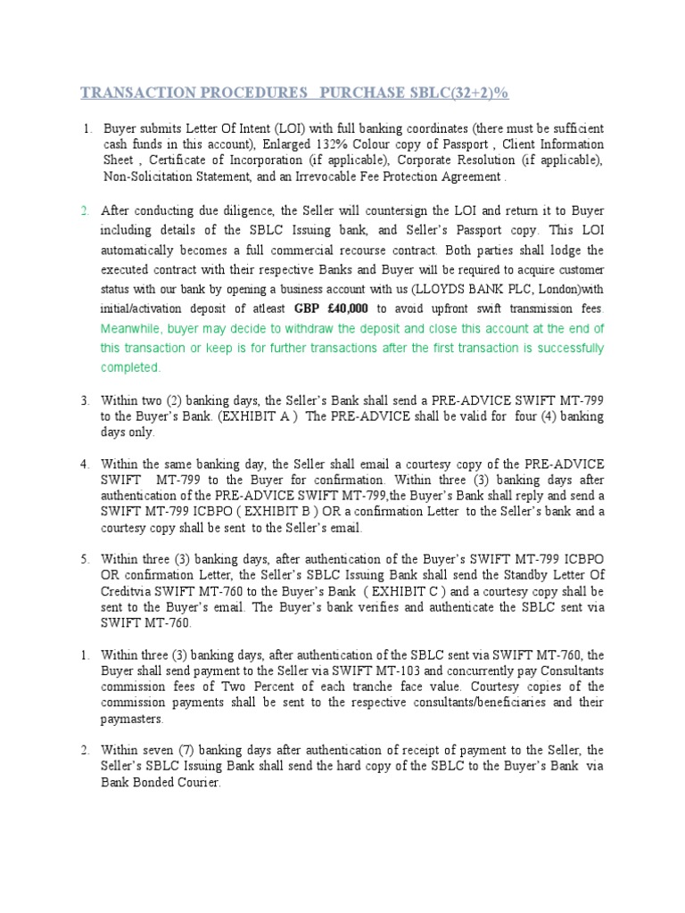 SBLC Purchase Transaction Procedures | PDF | Letter Of Credit | Banks
