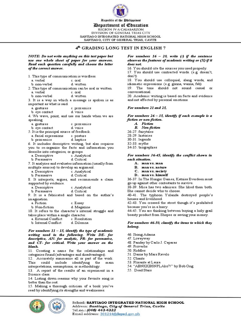 4th Quarter Periodical Exam in English 7 | PDF | Nonverbal ...