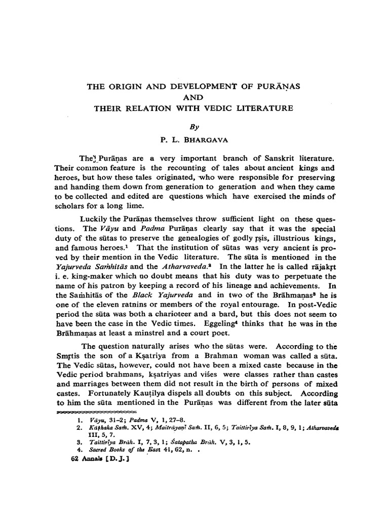 The origin and development of puranas and their relation with vedic