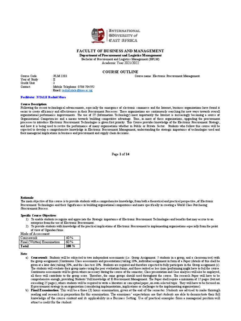 Course Outline E-Procurement 2021 | PDF | Procurement | Electronic Business