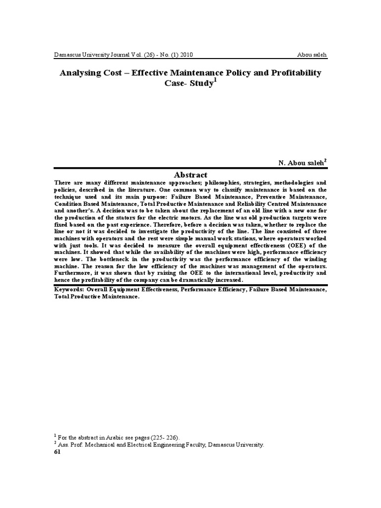 Effective maintenance policy and oee pdf engineering electrical