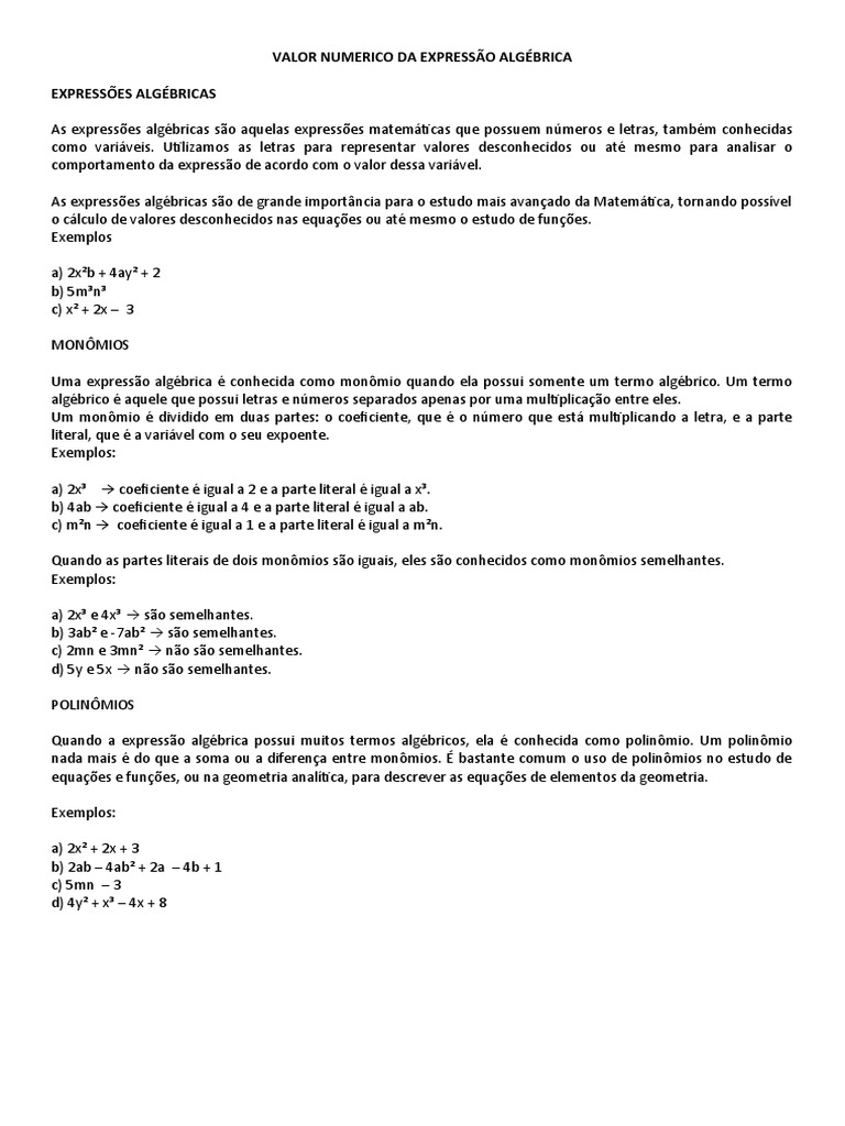 VALOR NUMERICO DA EXPRESS O ALG BRICA PDF Equa es Conceitos 