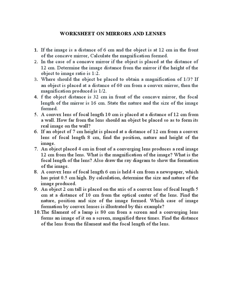 Worksheet On Mirrors and Lenses PDF