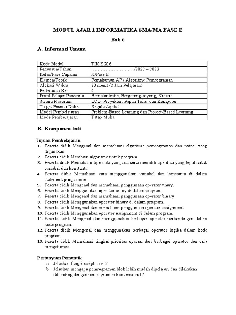 Perangkat Modul Ajar Informatika - Bab 6 | PDF