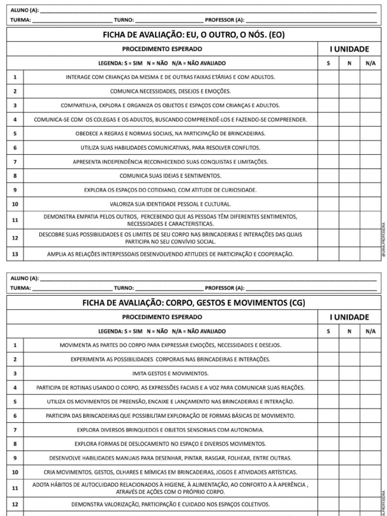 Ficha Avaliação Ed Infantil BNCC | PDF