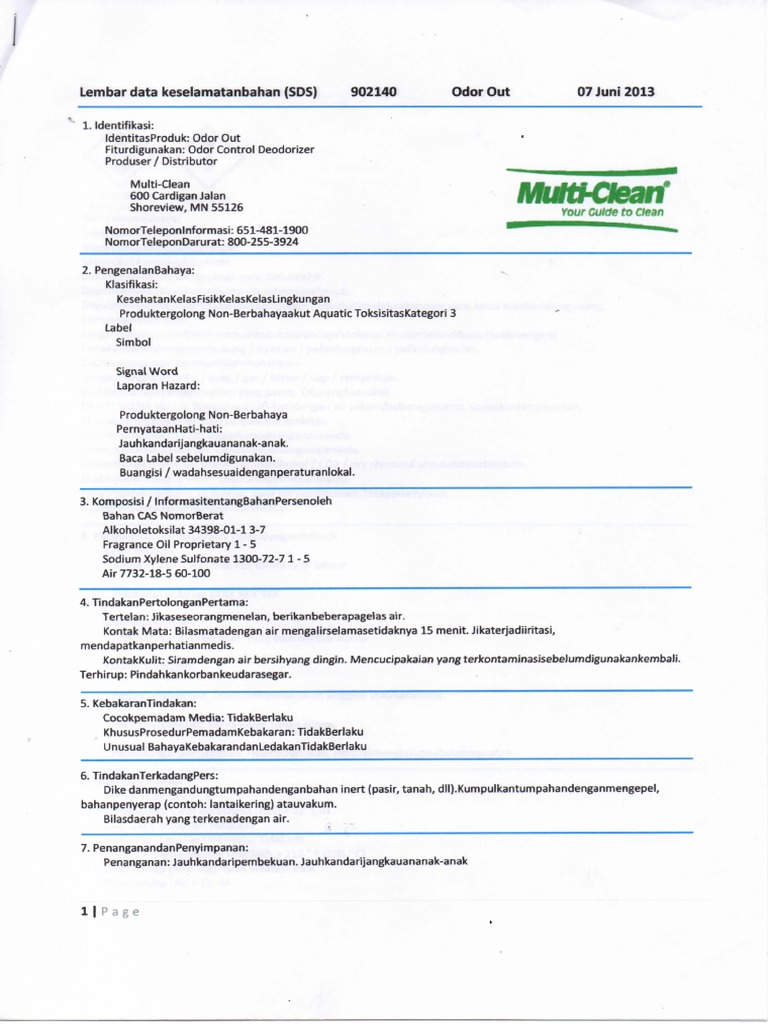 MSDS Odor Control PDF