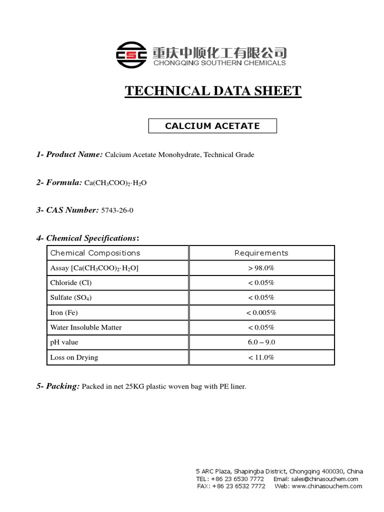 Calcium Acetate Monohydrate Data Sheet | PDF