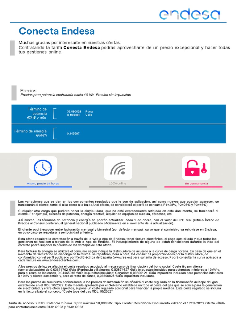Tarifa Conecta Endesa 2.0TD: Precios y Condiciones | PDF | Energia ...