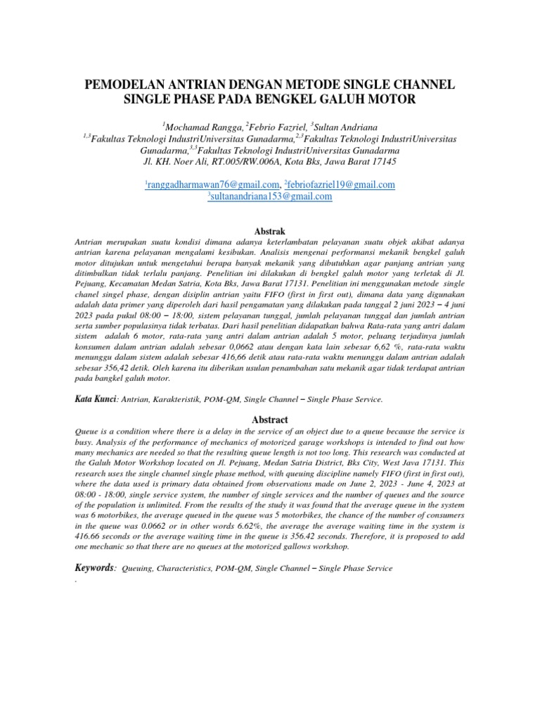 Jurnal pemodelan antrian dengan metode single channel single phase pada