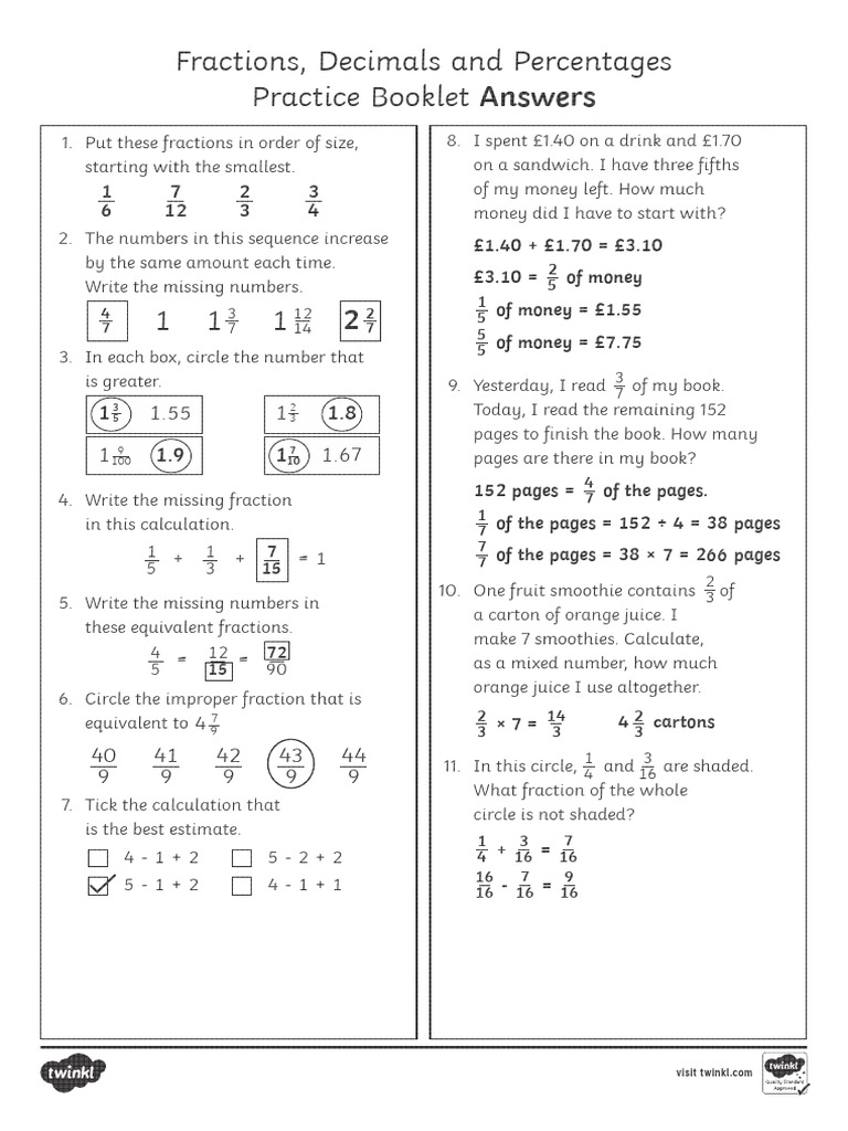 Fractions, Decimals, and Percentages Answers | PDF | Percentage ...