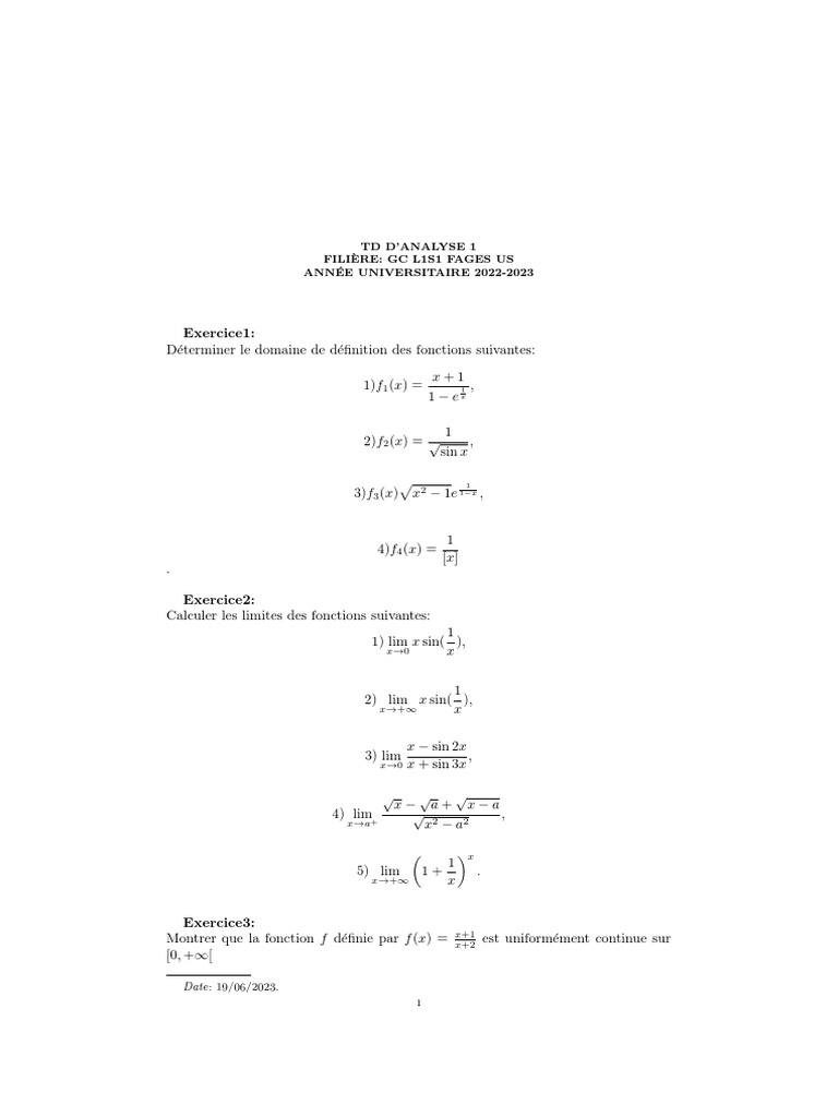 TD Analyse 1 - Exercices Corrigés | PDF | Relations mathématiques ...