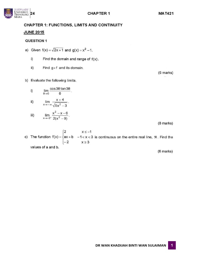 Tutorial - Chapter 1 - Functions, Limits and Continuity | PDF